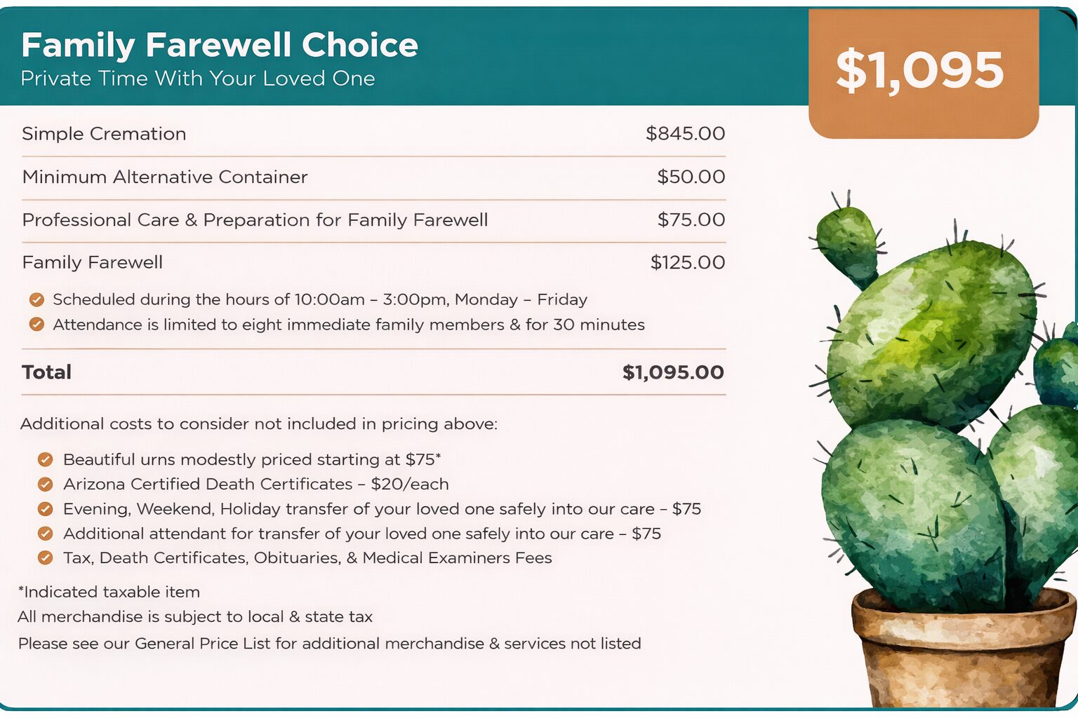 Family farewell choice pricing sheet