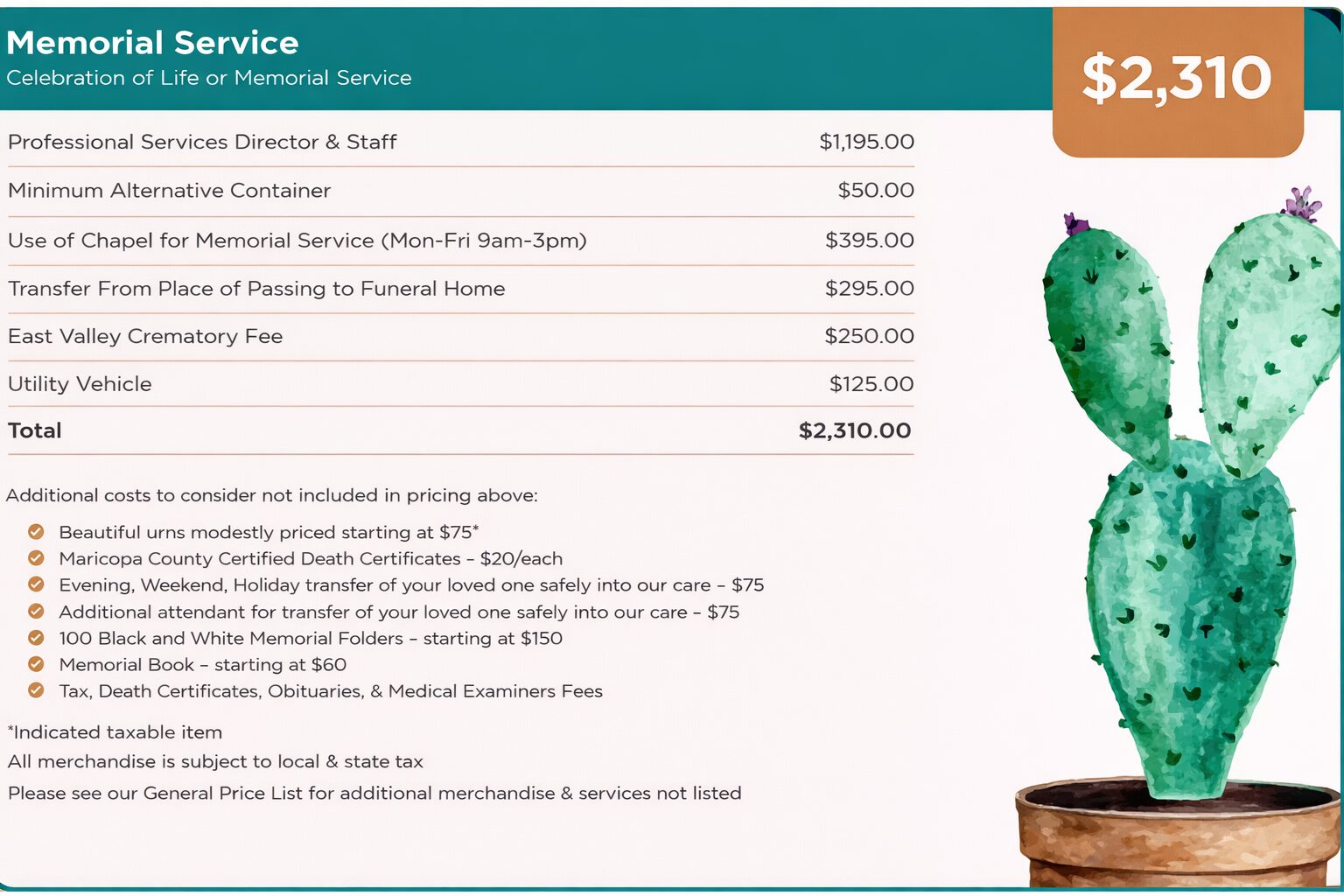 Memorial service pricing and details