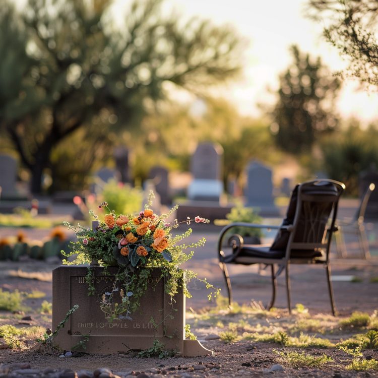 Burial option Apache Junction, AZ gravesite with stone marker, orange flowers and chair in desert cemetery.