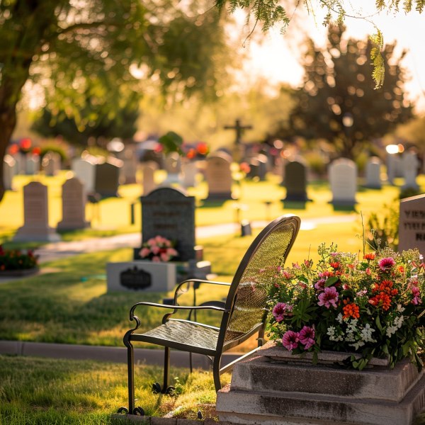Cemetery bench beside flower-covered grave marker at sunset, Burial Services Gilbert, AZ
