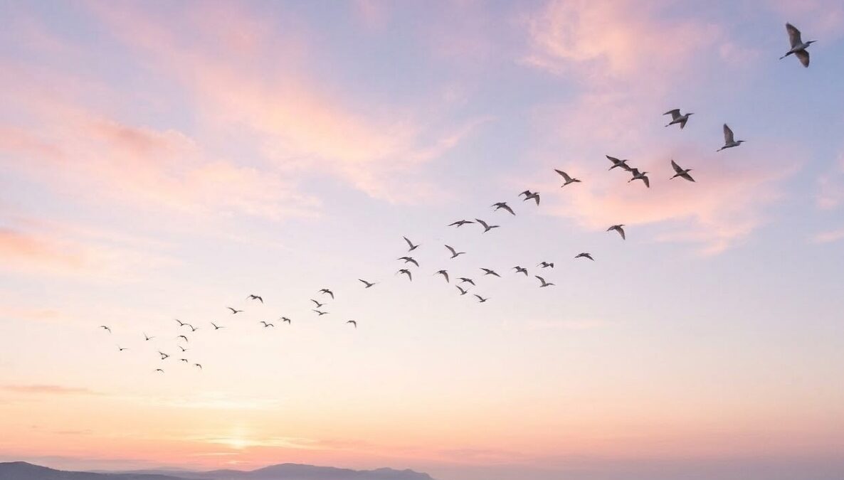 Flock of birds flying across pastel sunset sky, cremation services in Apache Junction, AZ
