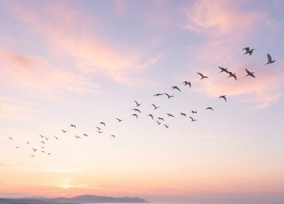 Flock of birds flying across pastel sunset sky, cremation services in Apache Junction, AZ