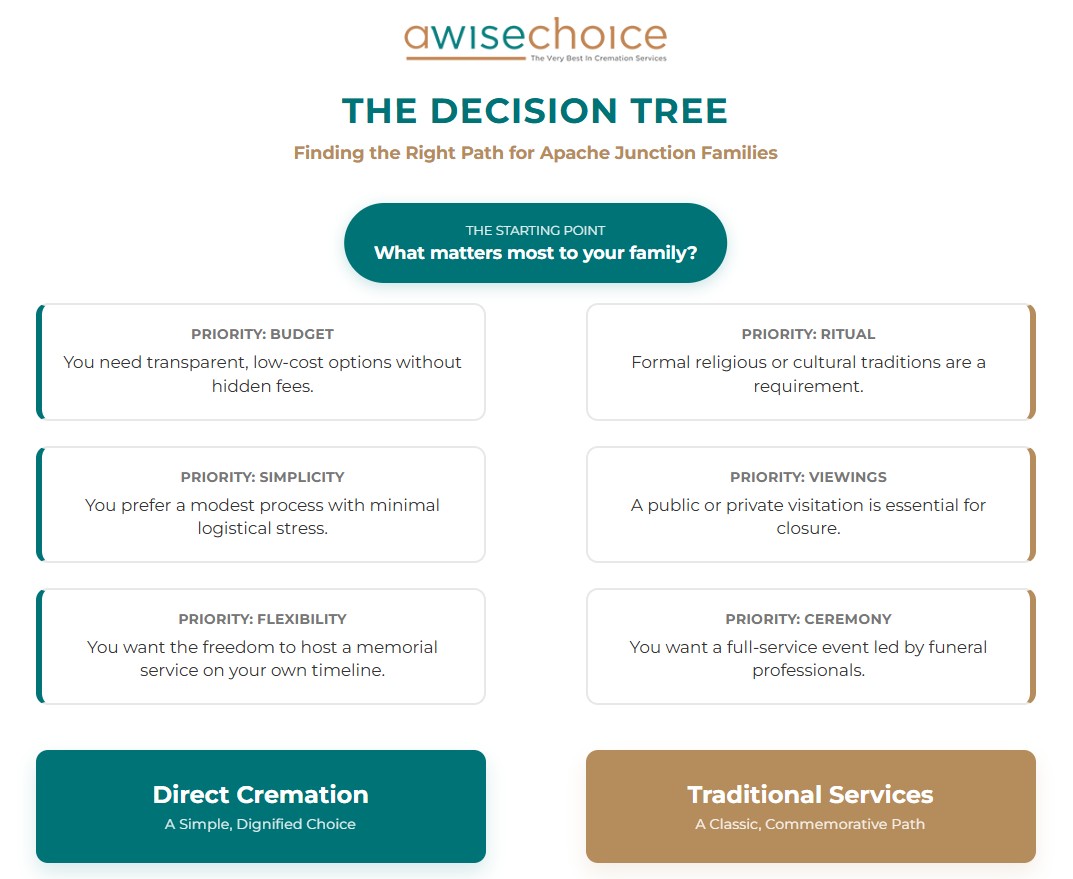 Direct Cremations Apache Junction, AZ decision tree infographic comparing direct cremation and traditional services.