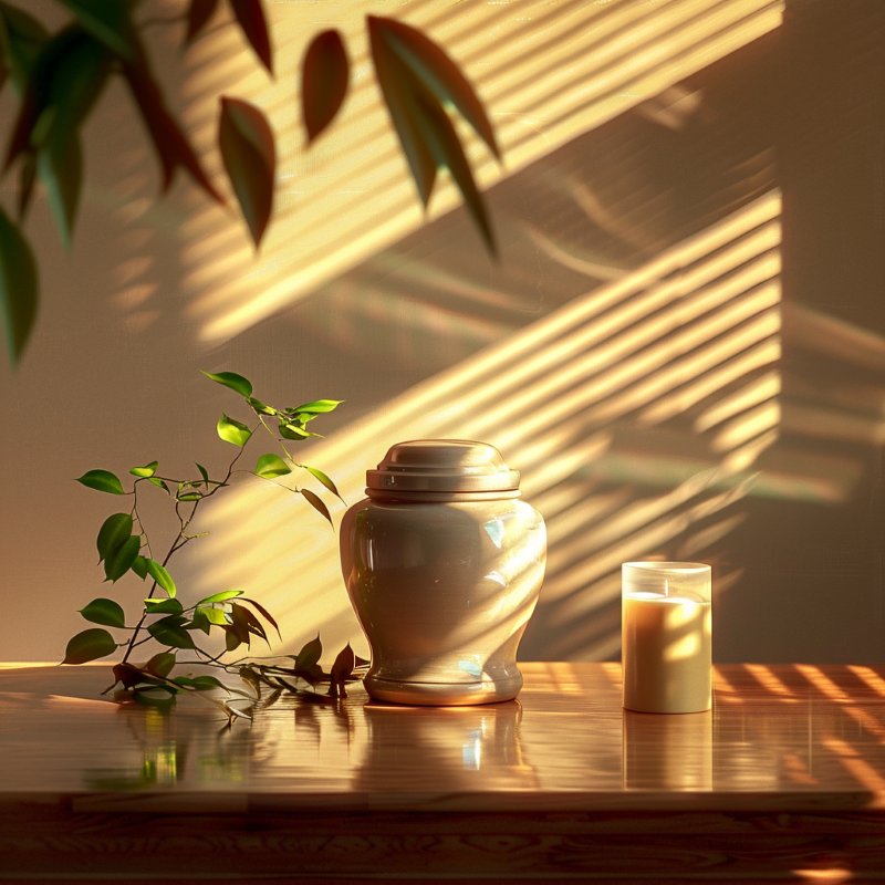 Direct Cremations Apache Junction, AZ memorial with urn and candle on wood table in warm window light.