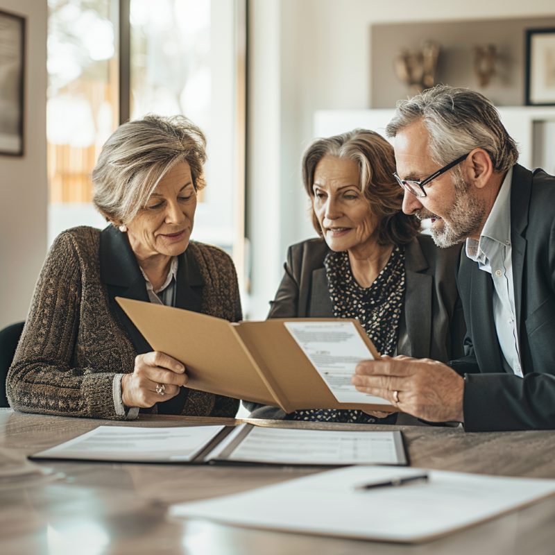 Funeral Planning Gilbert, AZ consultation with seniors reviewing documents together at a table in an office.